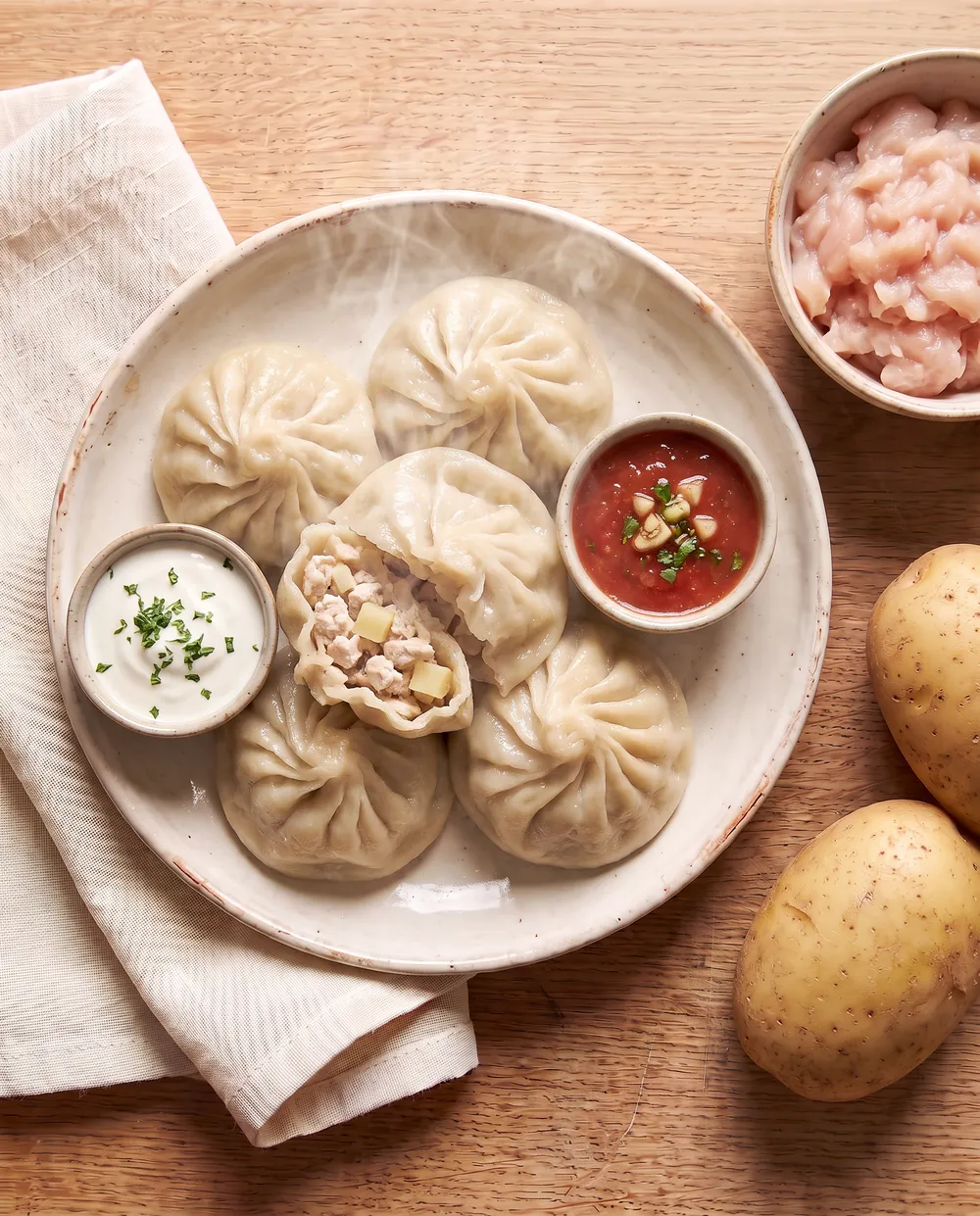Манты с курицей и картофелем — в готовом виде, подача